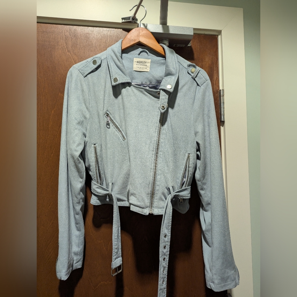 Sky Blue Cropped Moto Jacket